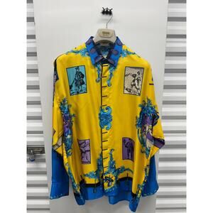 Vintage Versace Sport Silk Shirt Yellow Blue Tennis Print 90s Size Large